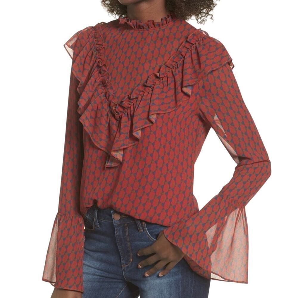 WAYF Eryn Ruffle Bell Sleeve Blouse Red Pattern Print Shirt Top - Sz XS